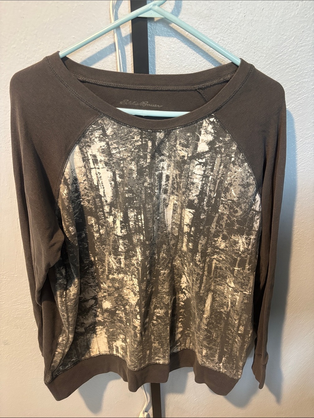 Eddie Bauer Brown Raglan Long-Sleeve Top with Forest Print